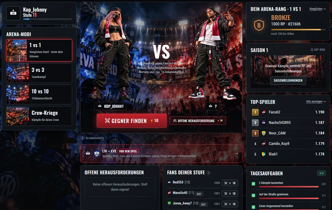 Die Arena: Modi links, der Button „Gegner finden“, Rang, Saison und die besten Spieler.