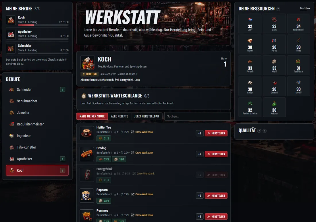 Die Werkstatt: deine Berufe links, Rezepte in der Mitte, Ressourcen rechts.