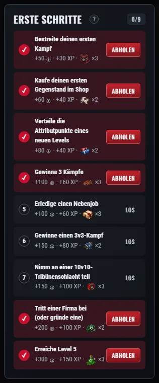 Das Panel „Erste Schritte“: Nummer der Aufgabe, Belohnung und der Button „Los“ oder „Abholen“.