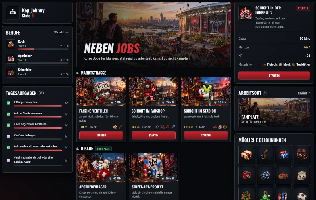 Jobs sind nach Bezirken sortiert; jeder hat eine Dauer, einen Lohn und Material.