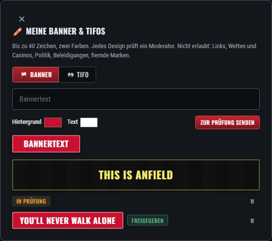 Der Editor für eigene Banner und Tifos: Text, zwei Farben, Vorschau und Status.