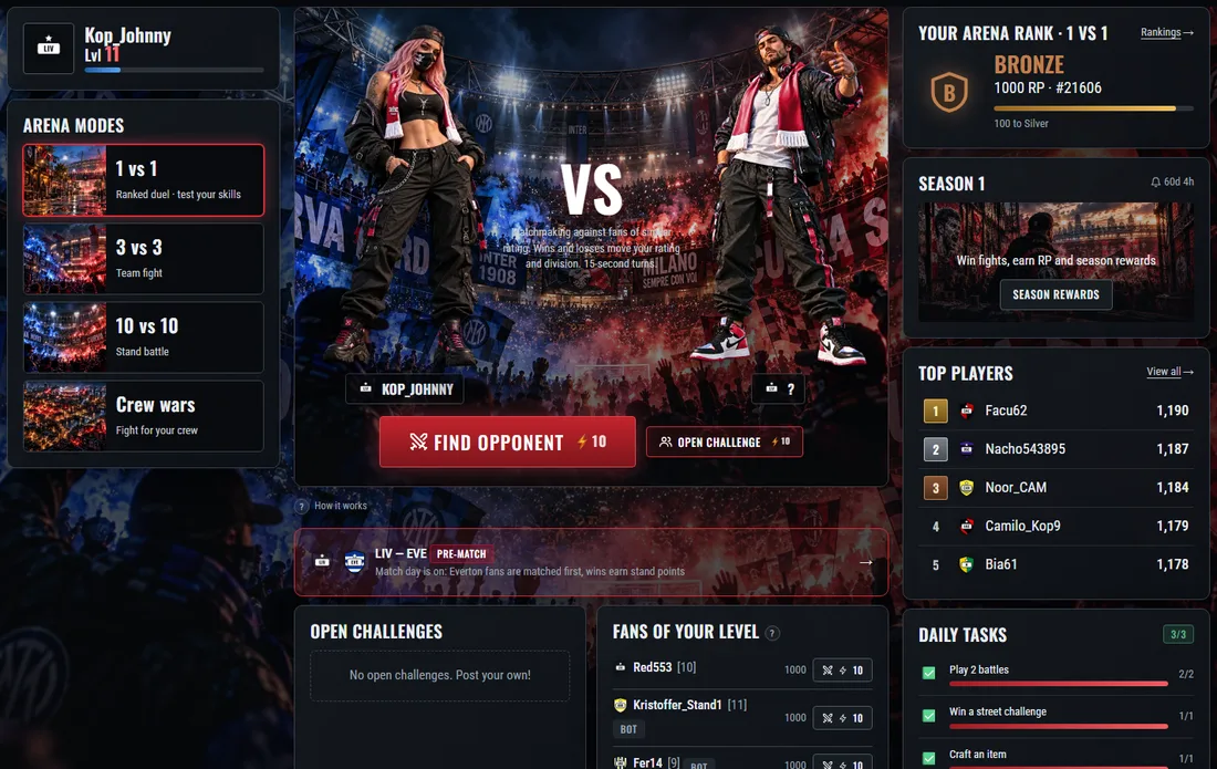 The arena: modes on the left, the find-a-rival button, rank, season and top players.