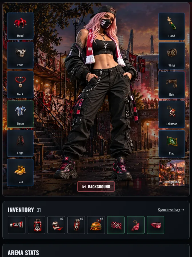 A fighter in full gear: 11 slots around the portrait and the inventory.