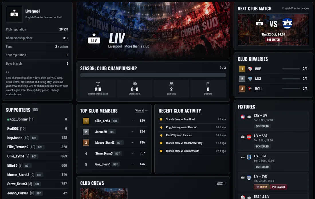 A club page: fans in the game, upcoming matches and its place in the club championship.