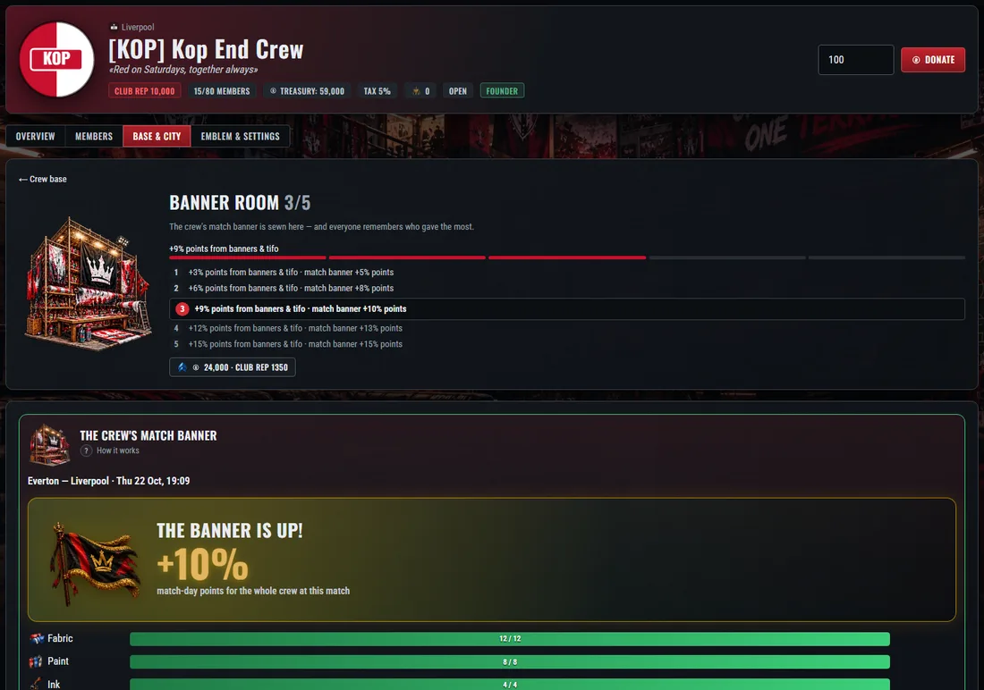 The Banner Room: the crew banner for the next match and how much material is in.
