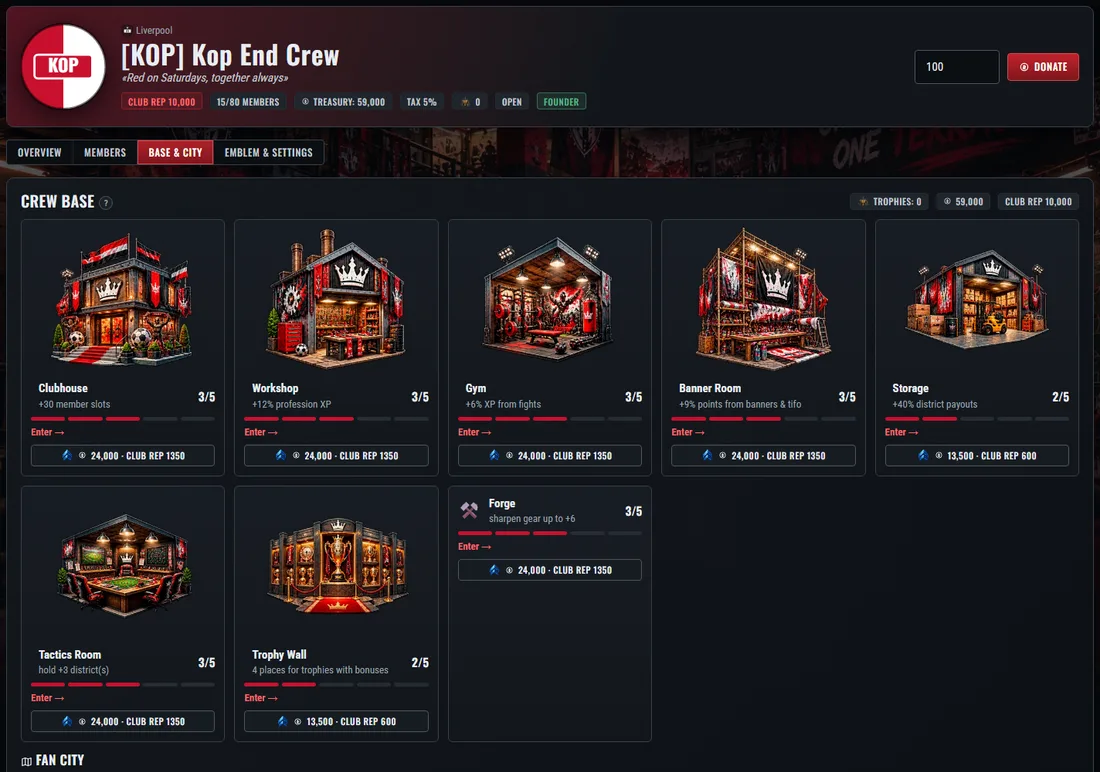 The crew base: buildings give bonuses to every member.