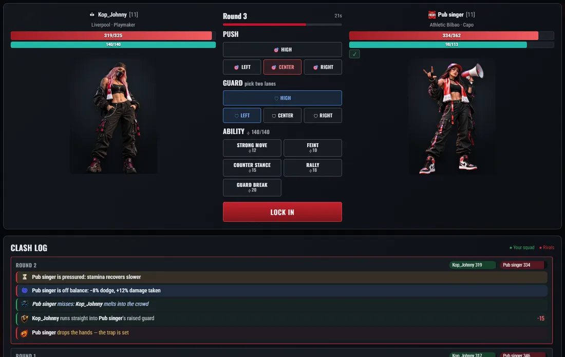 The fight screen: health and stamina, the pressure and guard picks, abilities and the fight log.