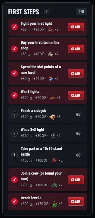 The “First steps” panel: the task number, its reward and a “Go” or “Claim” button.