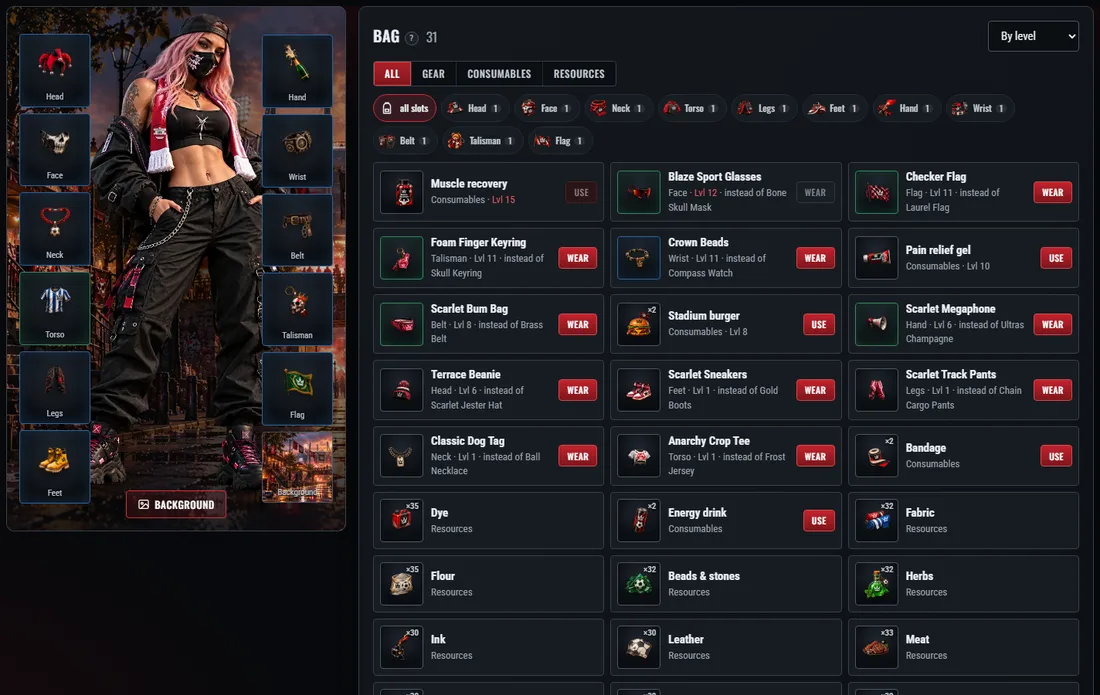 The bag: gear, consumables and resources; food has a Use button.