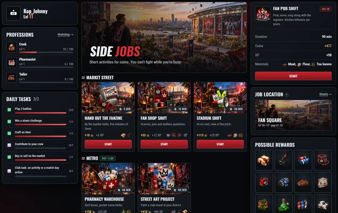 Side jobs are grouped by district; each has a duration, pay and materials.