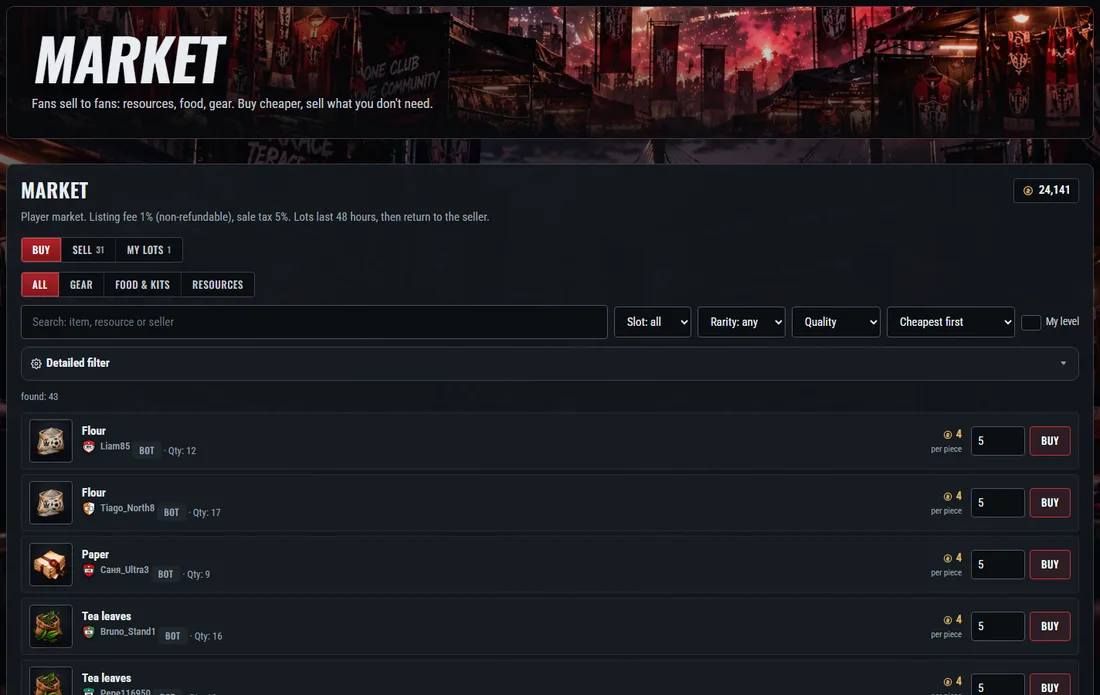 The market: search, filters by slot, rarity and quality, lots with price per piece.