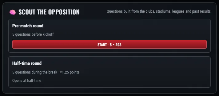 Scout the Opposition: the pre-match round and the half-time round.