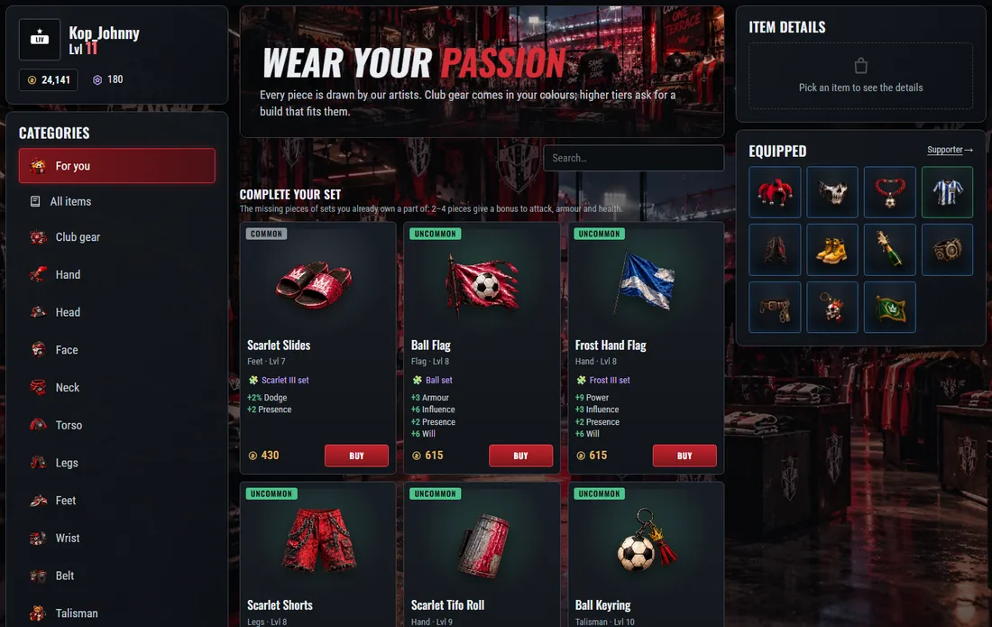 The shop: categories on the left, items with bonuses and set hints.
