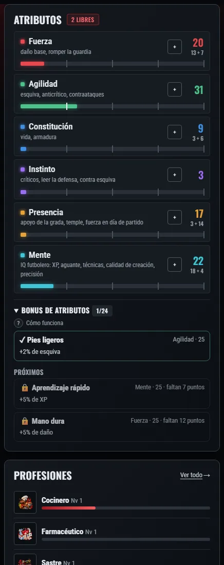 Los atributos de tu hincha: puntos invertidos, el bonus del equipo y los bonus abiertos.