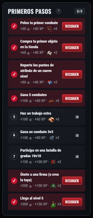 El panel «Primeros pasos»: el número de la tarea, su recompensa y el botón «Ir» o «Recoger».