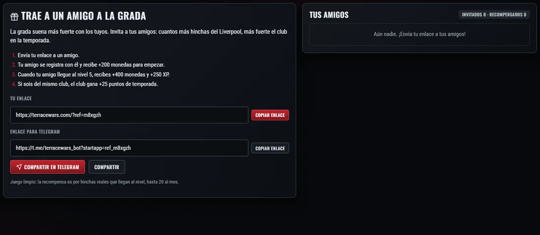 La pantalla de invitaciones: enlaces, botones «Compartir» y la lista de amigos invitados.