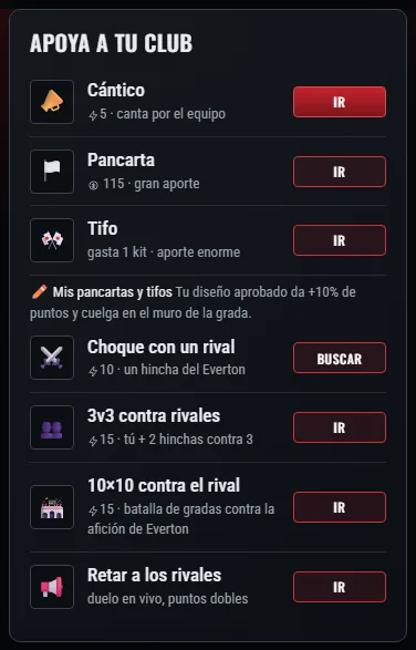 Las acciones de un aficionado en el día de partido: cántico, pancarta, tifo, refriegas, 3 contra 3 y batalla de gradas.
