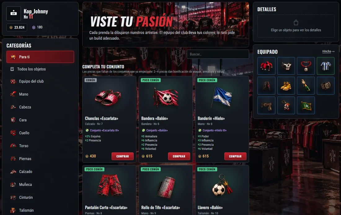 La tienda: categorías a la izquierda, objetos con bonificaciones y pistas sobre conjuntos.