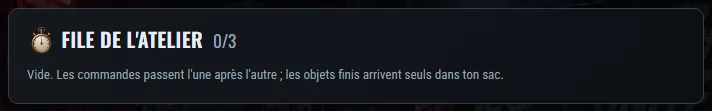 La file de l’atelier : ce qui est en cours et le temps restant.