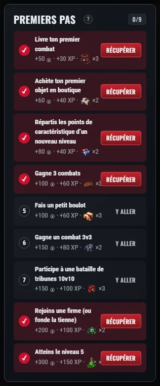 Le panneau « Premiers pas » : le numéro de la tâche, sa récompense et le bouton « Y aller » ou « Récupérer ».