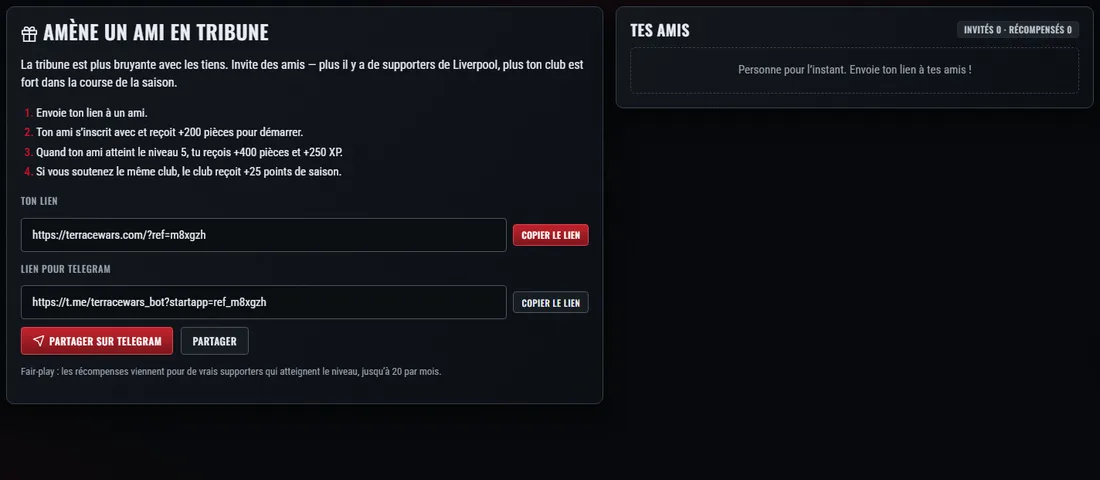 L’écran d’invitation : liens, boutons « Partager » et liste des amis invités.