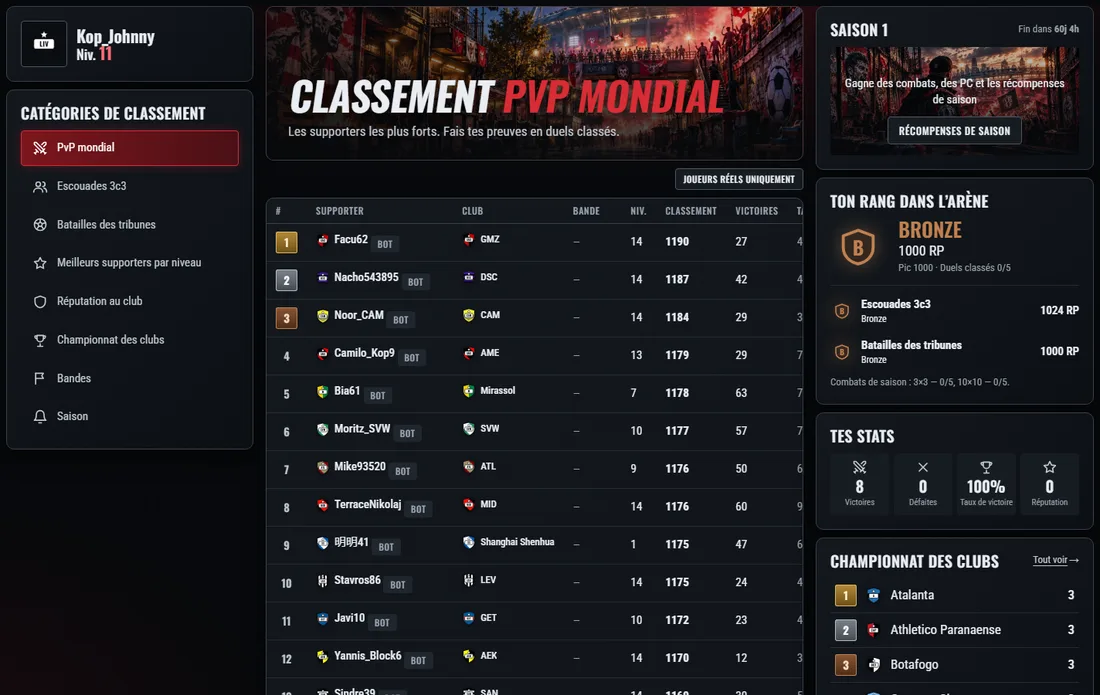 Classements : catégories à gauche, le tableau des meilleurs, la saison et ton rang à droite.