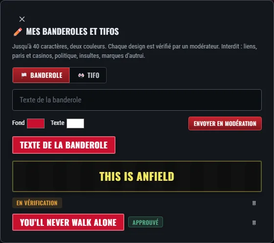 L’éditeur de banderoles et tifos : texte, deux couleurs, aperçu et statuts.