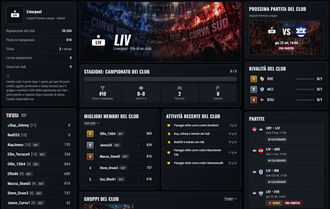 La pagina di un club: tifosi nel gioco, prossime partite e posto nel campionato dei club.