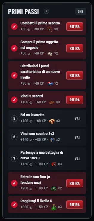 Il pannello «Primi passi»: il numero del compito, il premio e il pulsante «Vai» o «Ritira».