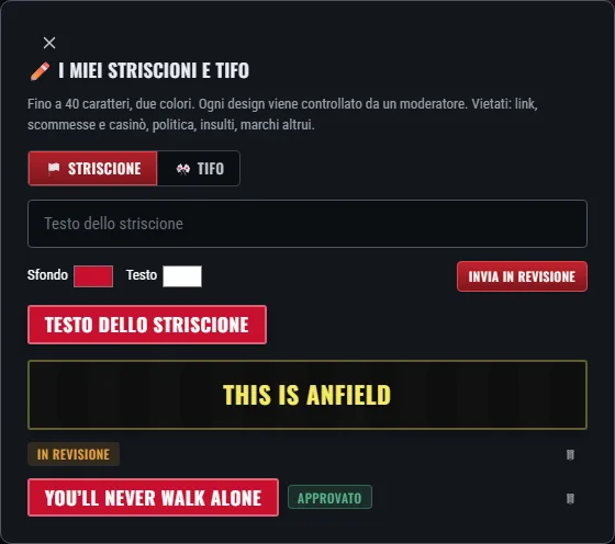 L’editor dei tuoi striscioni e tifo: testo, due colori, anteprima e stati.