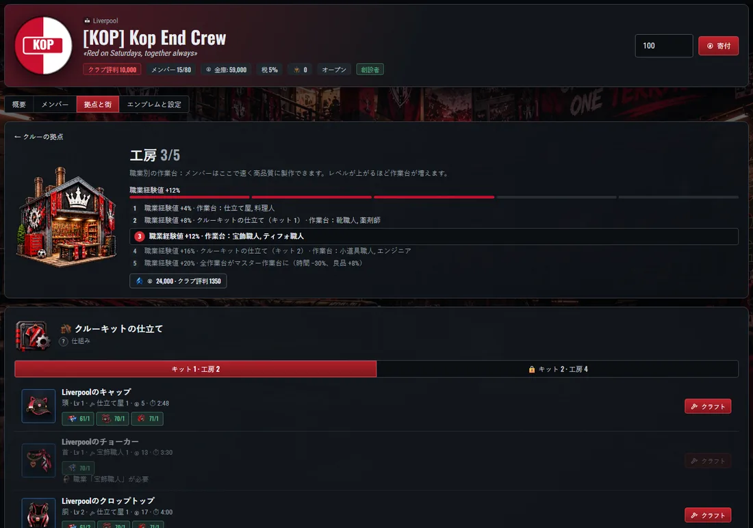 工房：レベル別の作業台とクルーキットの仕立て。