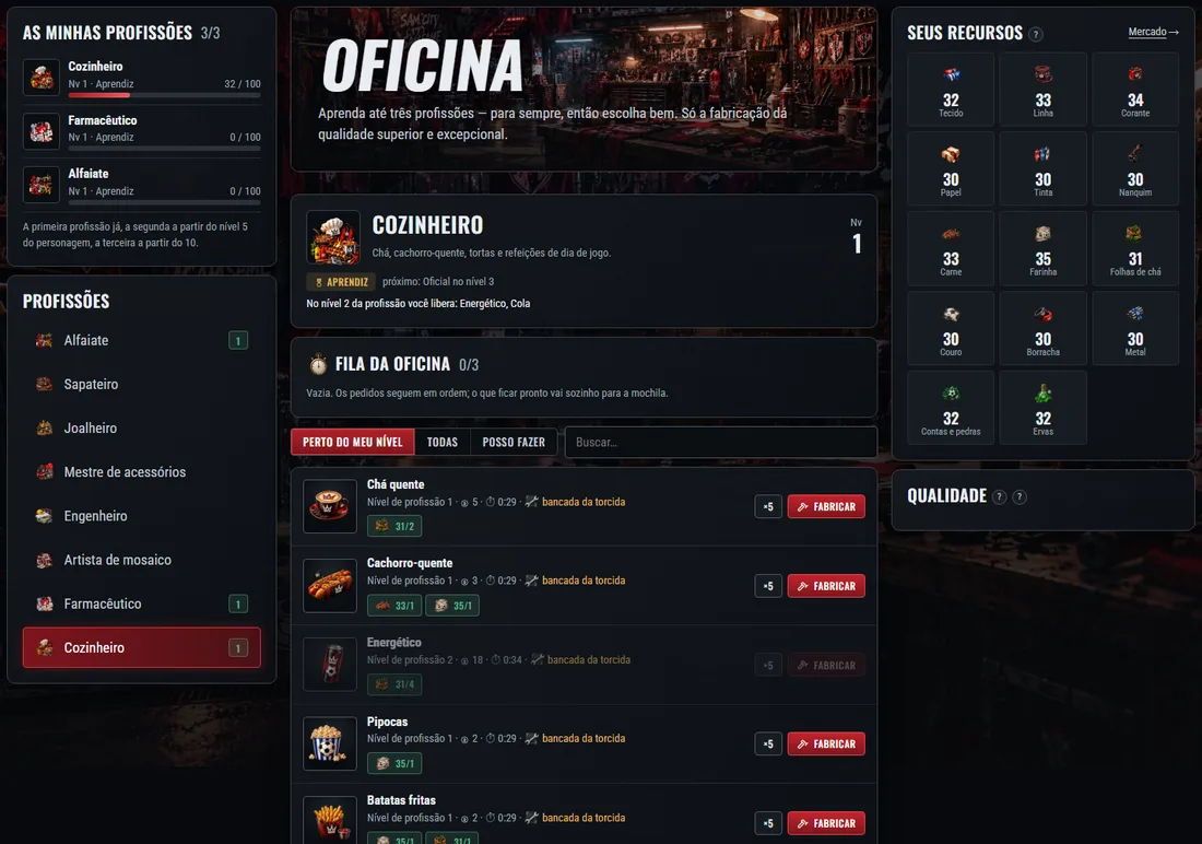 A oficina: suas profissões à esquerda, receitas no centro, recursos à direita.