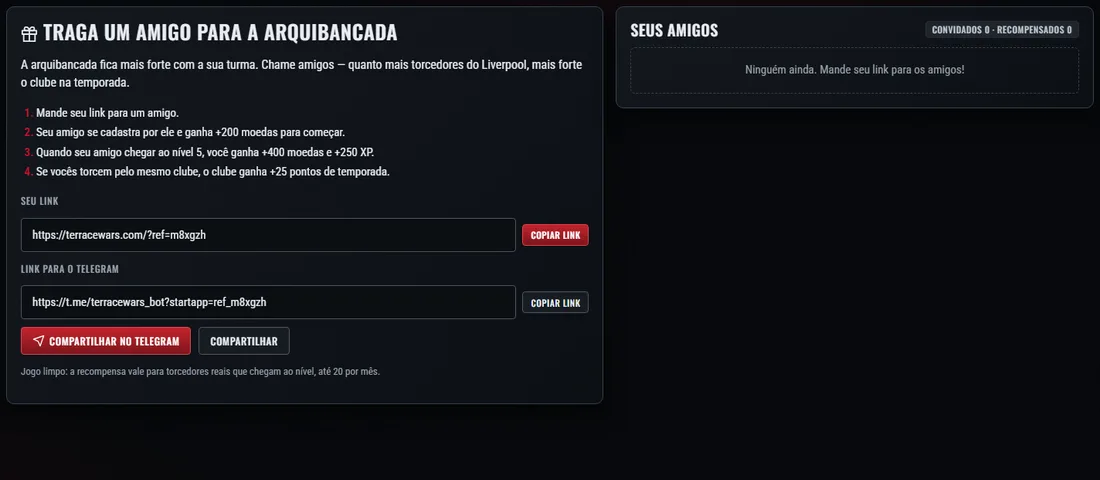 A tela de convites: links, botões «Compartilhar» e a lista de amigos convidados.