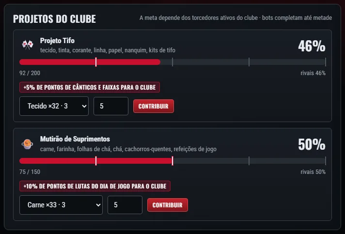 O projeto de clube «Tifo»: os torcedores entregam tecido, tinta e linha, e cada etapa dá um bônus a toda a arquibancada.