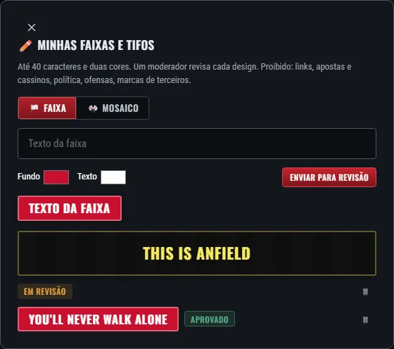 O editor de faixas e tifos próprios: texto, duas cores, prévia e status.