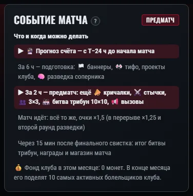 Шпаргалка «Что и когда можно делать» в блоке «Событие матча».