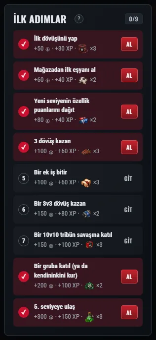 «İlk adımlar» paneli: görevin numarası, ödülü ve «Git» ya da «Al» düğmesi.