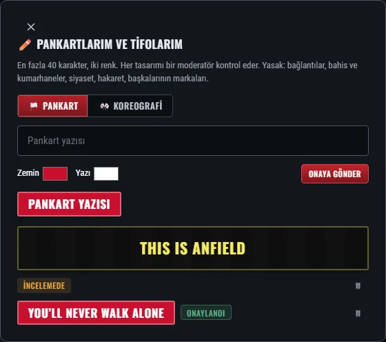 Kendi pankart ve tifo düzenleyicin: metin, iki renk, önizleme ve durumlar.